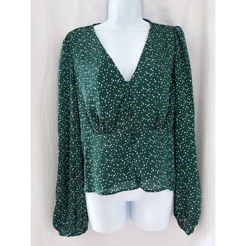 Lucy Paris Womens Green Polka Dot Long Sleeve V-Neck Button Blouse Large NWT